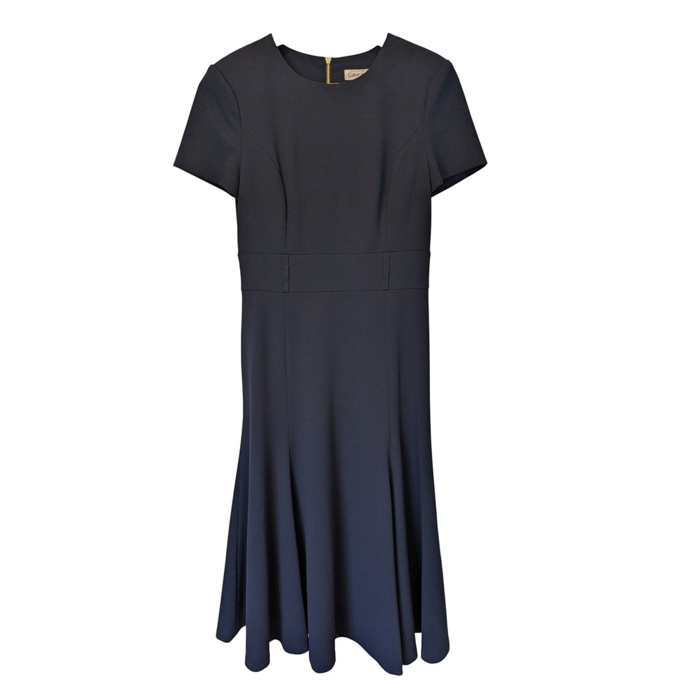 Calvin Klein Navy Blue Fit & Flare Midi Dress Womens Sz 4 Career EUC Belt (Read)